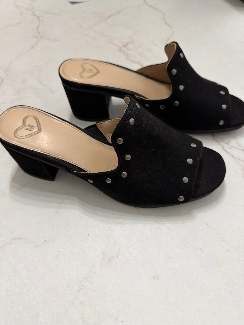 Madeline Black Studded Open-Toe Block Heel Mules